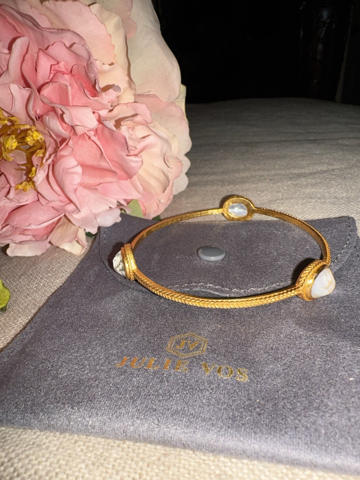 Julie Vos Large Sz Iridescent Clear 3 Station Bangle Bracelet 24k Gold Plate Julie Vos