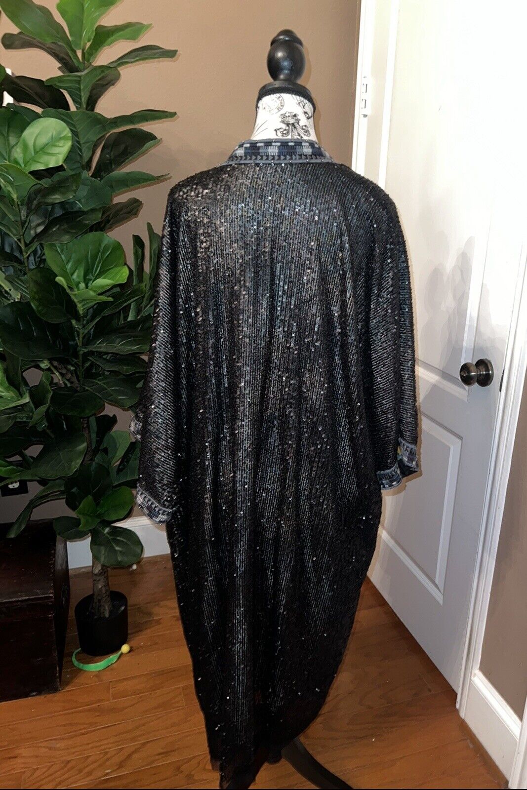 Johnny Was XL Long Silk & Sequin Black KIMONO Duster Wrap REVERSIBLE OVERSIZ