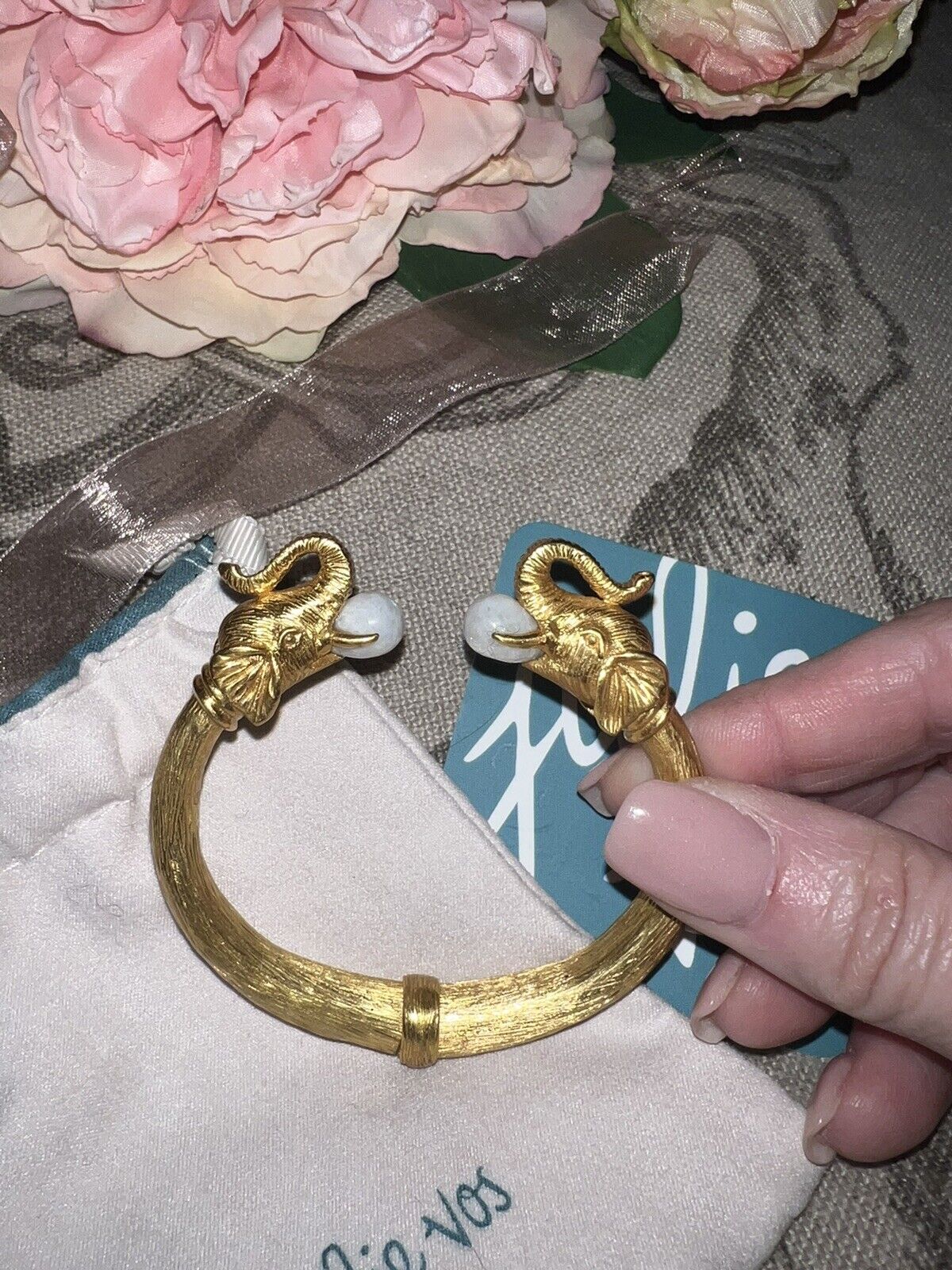 Julie Vos Moonstone 24k Gold Plate Elephant Statement Bangle Cuff Bracelet NWOT