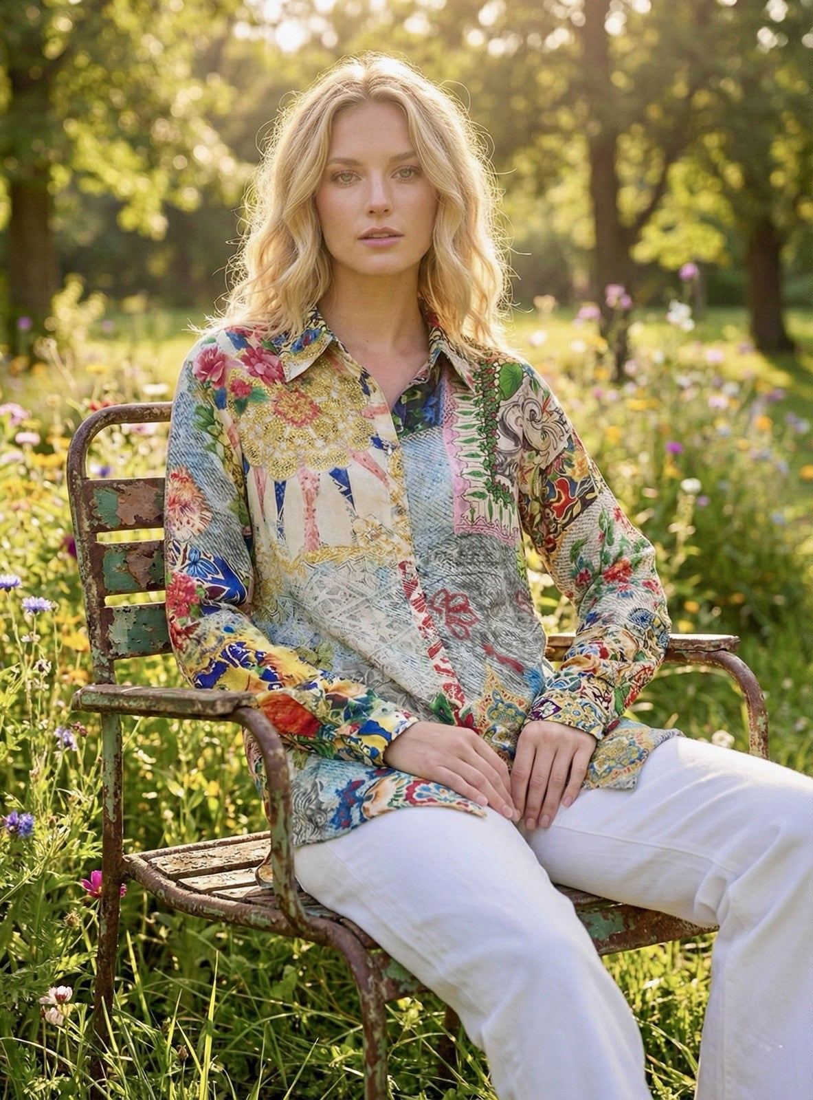 Johnny Was XL 100% Silk Button Up Blouse Long Sleeve Tunic Top Shirt Lightweight Johnny Was