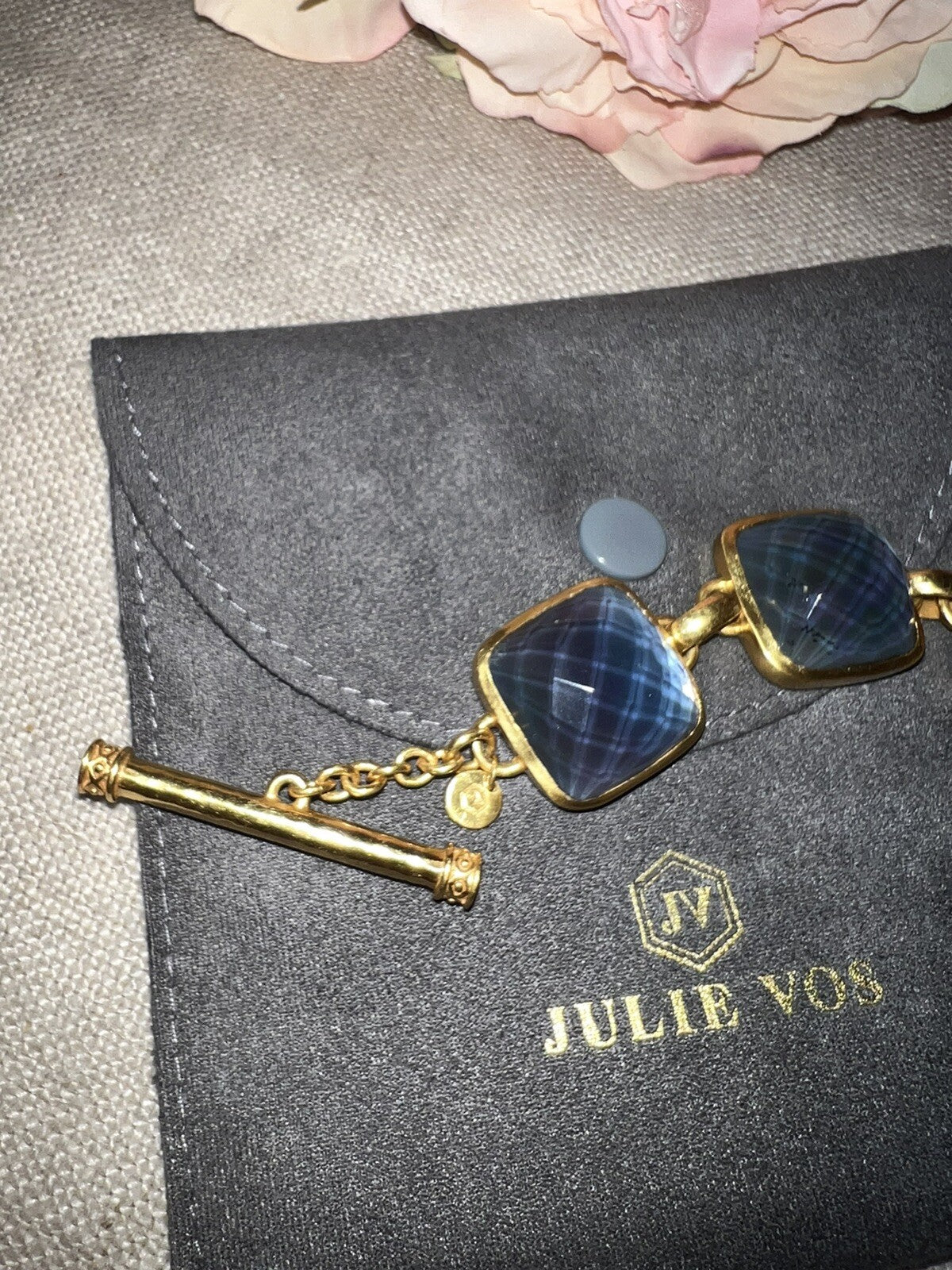 Julie Vos 8” Large Size Deep Blue 24k Plated Link Bracelet Adjustable Toggle Julie Vos