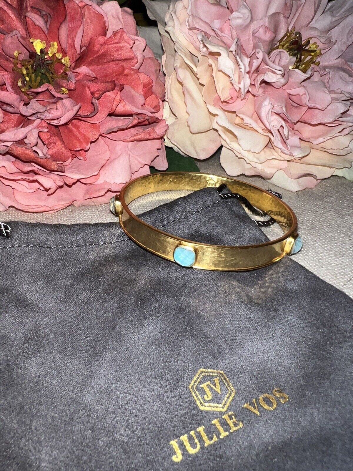 NEW Julie Vos 24k Gold Plated Bangle Bracelet With Blue Stones Sz Medium NWOT