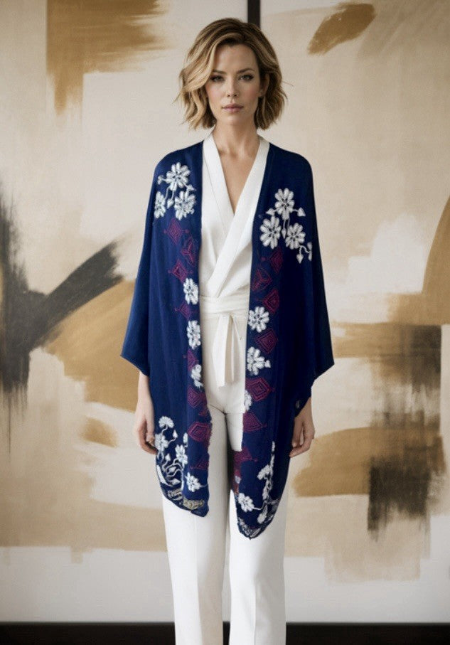 Johnny Was Navy Blue & Red French Terry 3X Kimono Wrap Poncho Coat Jacket Johnny Was