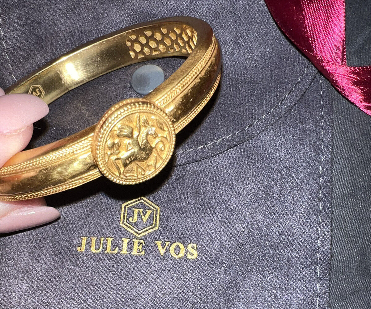 NEW Julie Vos Coin Medallion Hinged Cuff Bangle Bracelet 24k Gold Plated & CZ