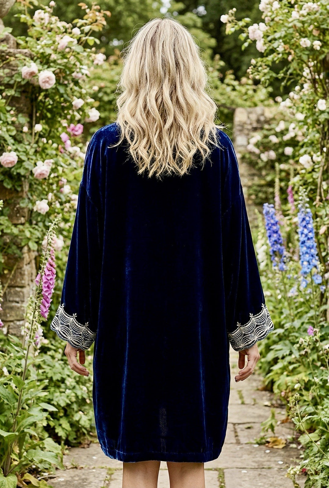 Johnny Was 2X / 3X Blue Velvet Kimono Wrap Jacket Duster BOHO Oversized 30”PTP Johnny Was