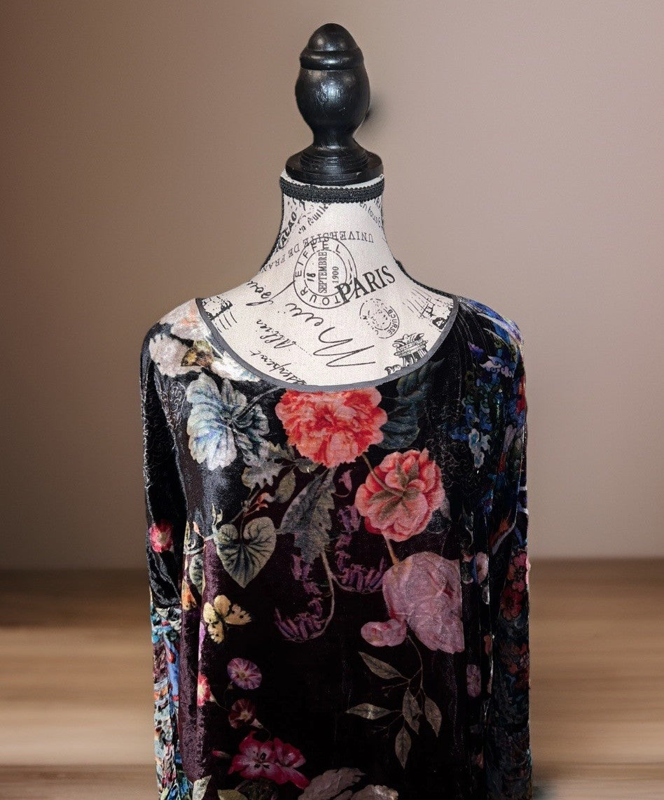 Johnny Was XL Floral Velvet Tunic Top Mini Dress Long Sleeve Lightweight Cool Johnny Was