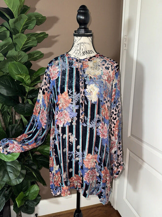 Johnny Was 1X XL Burnout Silk & Blue Velvet Floral Animal Print Tunic Top