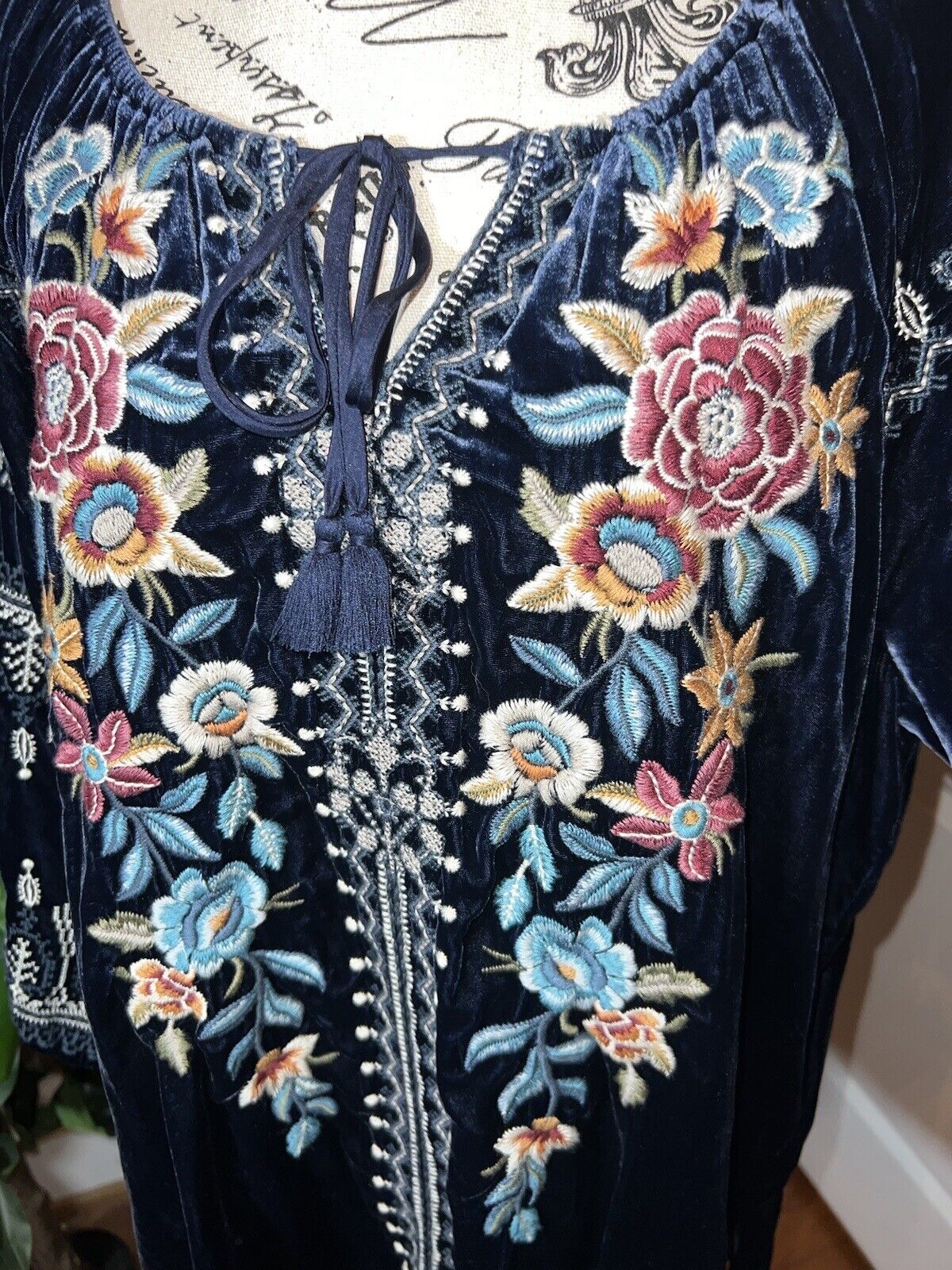 Johnny Was Blue Velvet Heavily Embroidered Tunic Top Mini Dress L Large