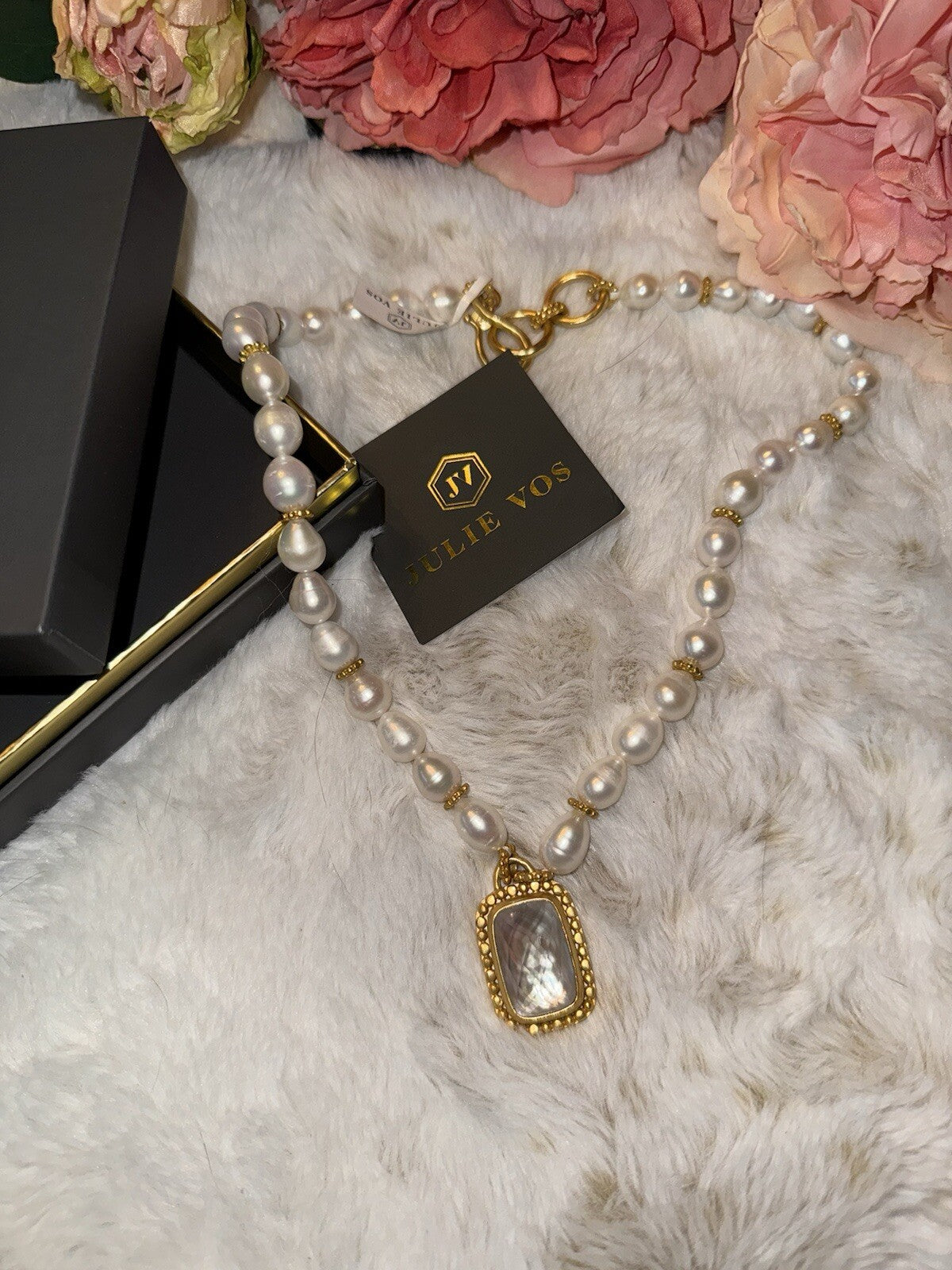 Julie Vos Freshwater Pearl & Clear Statement Necklace 24k Gold Plated Julie Vos