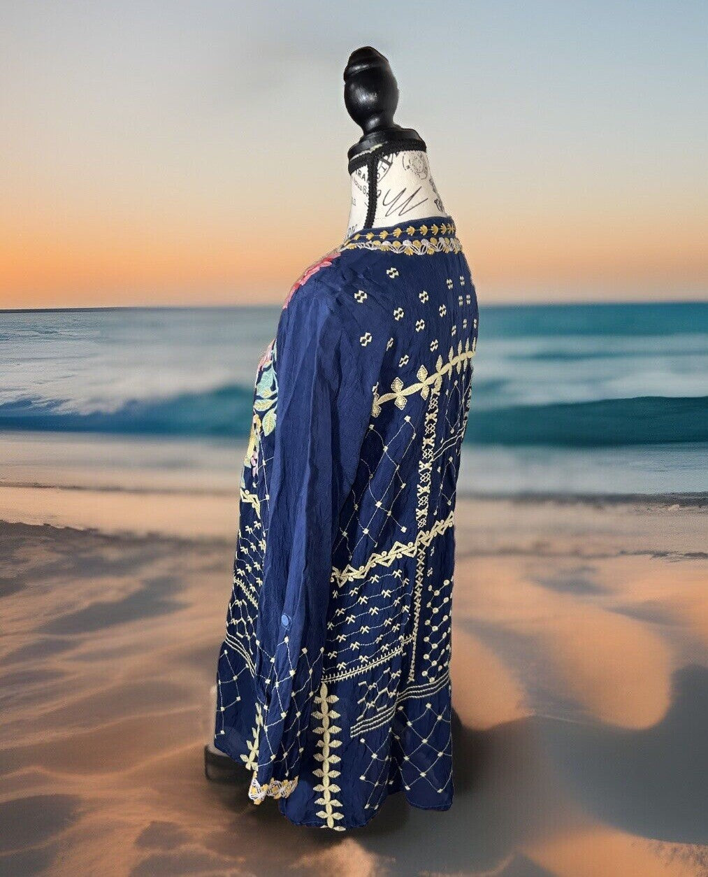 EuC Johnny Was L Large Blue Embroidered Tunic Top Mini Dress Floral RETIRED Johnny Was