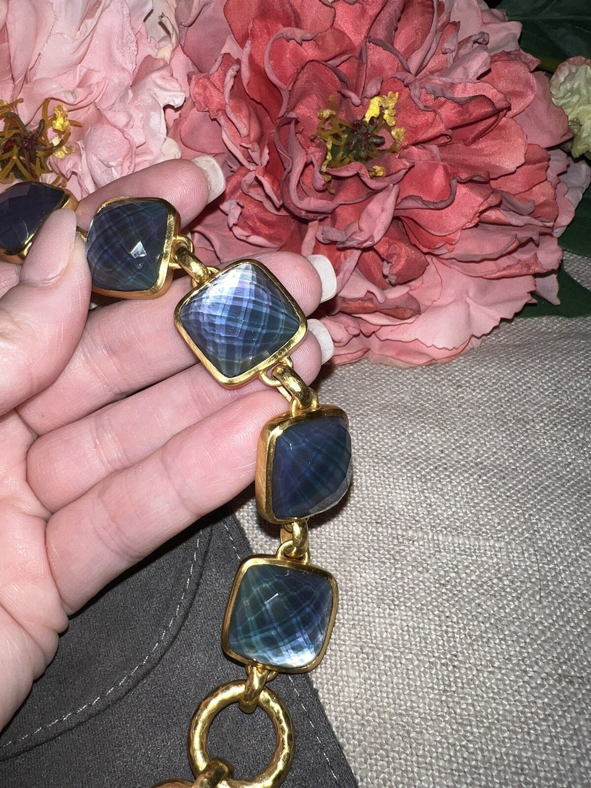 Julie Vos 8” Large Size Deep Blue 24k Plated Link Bracelet Adjustable Toggle Julie Vos