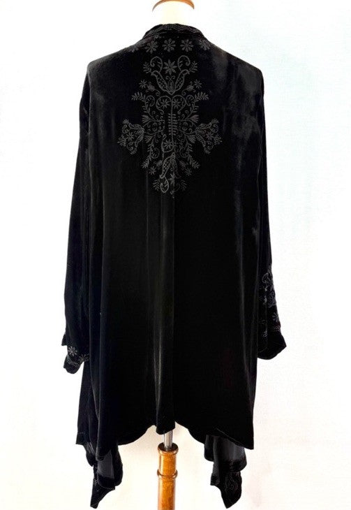 Johnny Was XL Black Velvet Kimono Wrap Cardigan Tonal Cross Embroidery Back Johnny Was