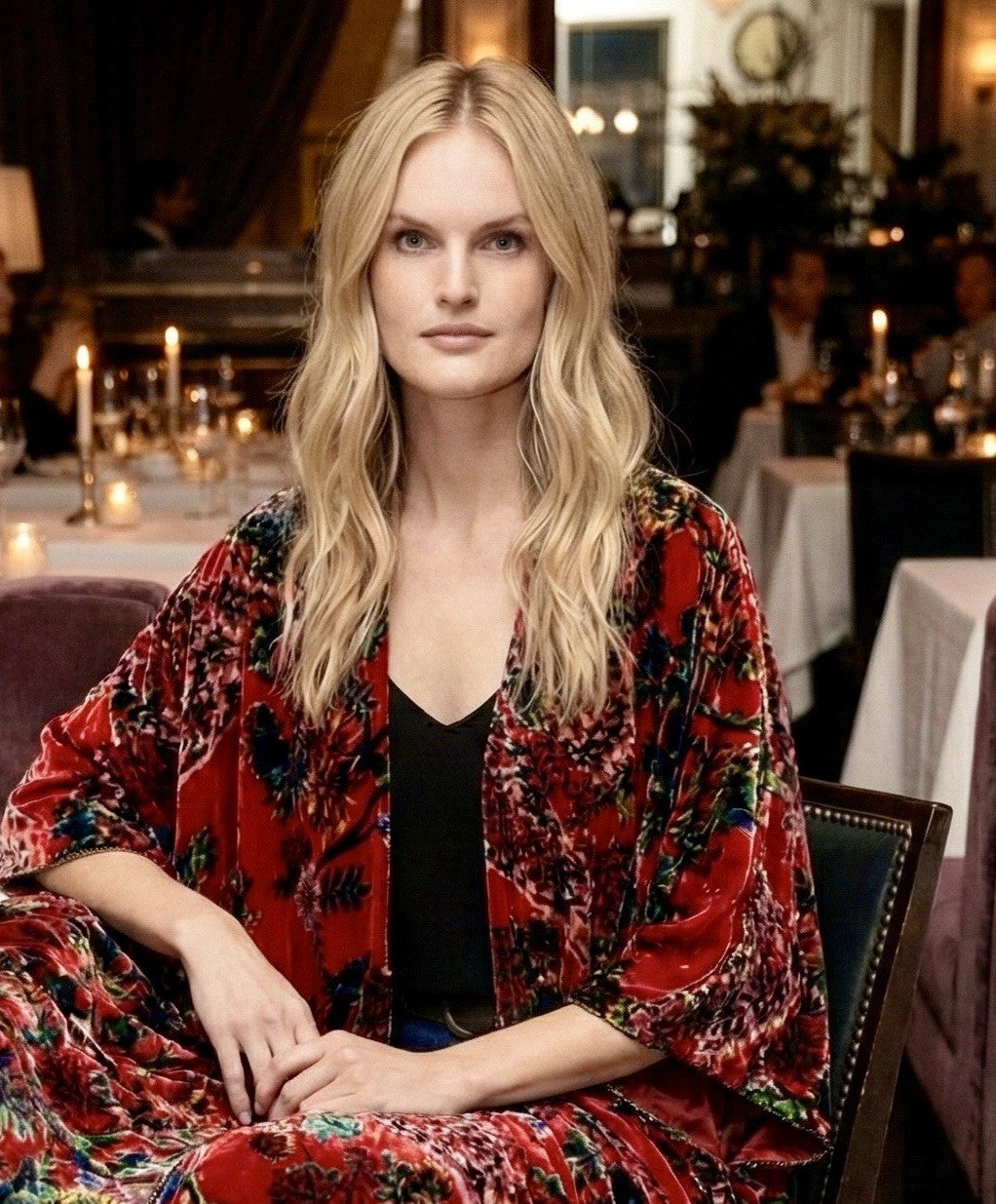 Johnny Was O/S Burnout Velvet Shawl Wrap Red Beaded Trim Bohemian Luxury Johnny Was