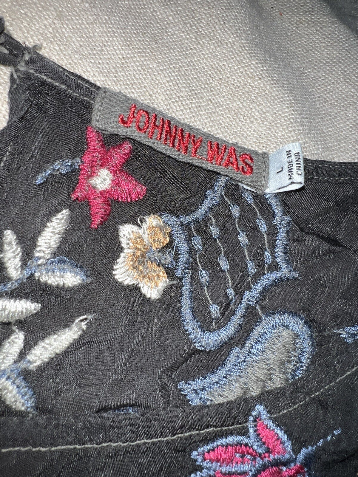 Johnny Was L Black Embroidered Blouse Tunic Top Mini Dress Kimono Sleeve Shirt Johnny Was