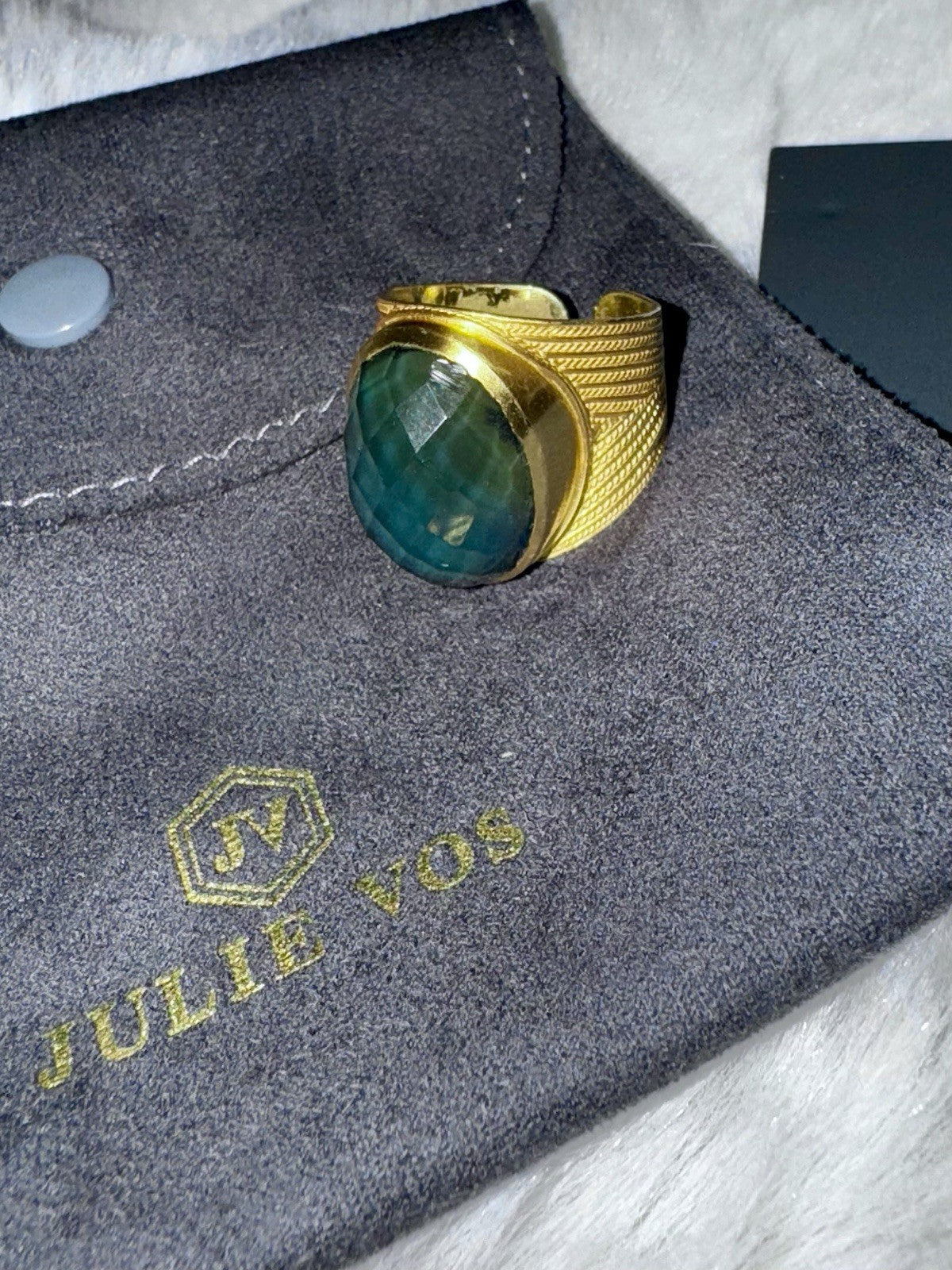 Julie Vos Iridescent Peacock Blue Statement Ring Sz 9 ADJUSTABLE 24k Gold Plate Julie Vos