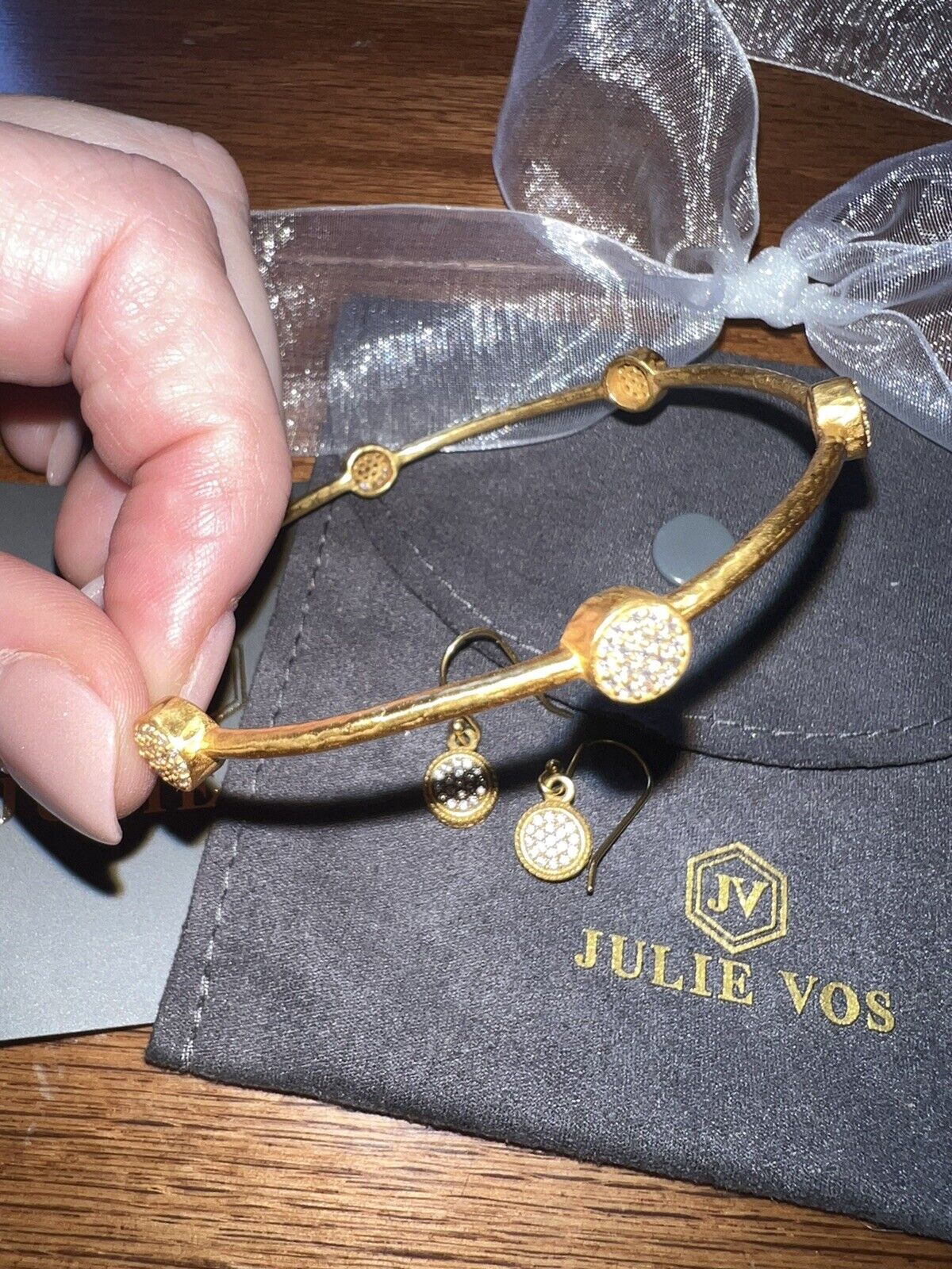 NEW 3pc Julie Vos Pave Earrings & CZ Stations Bracelet Bangle Sz Large NWOT