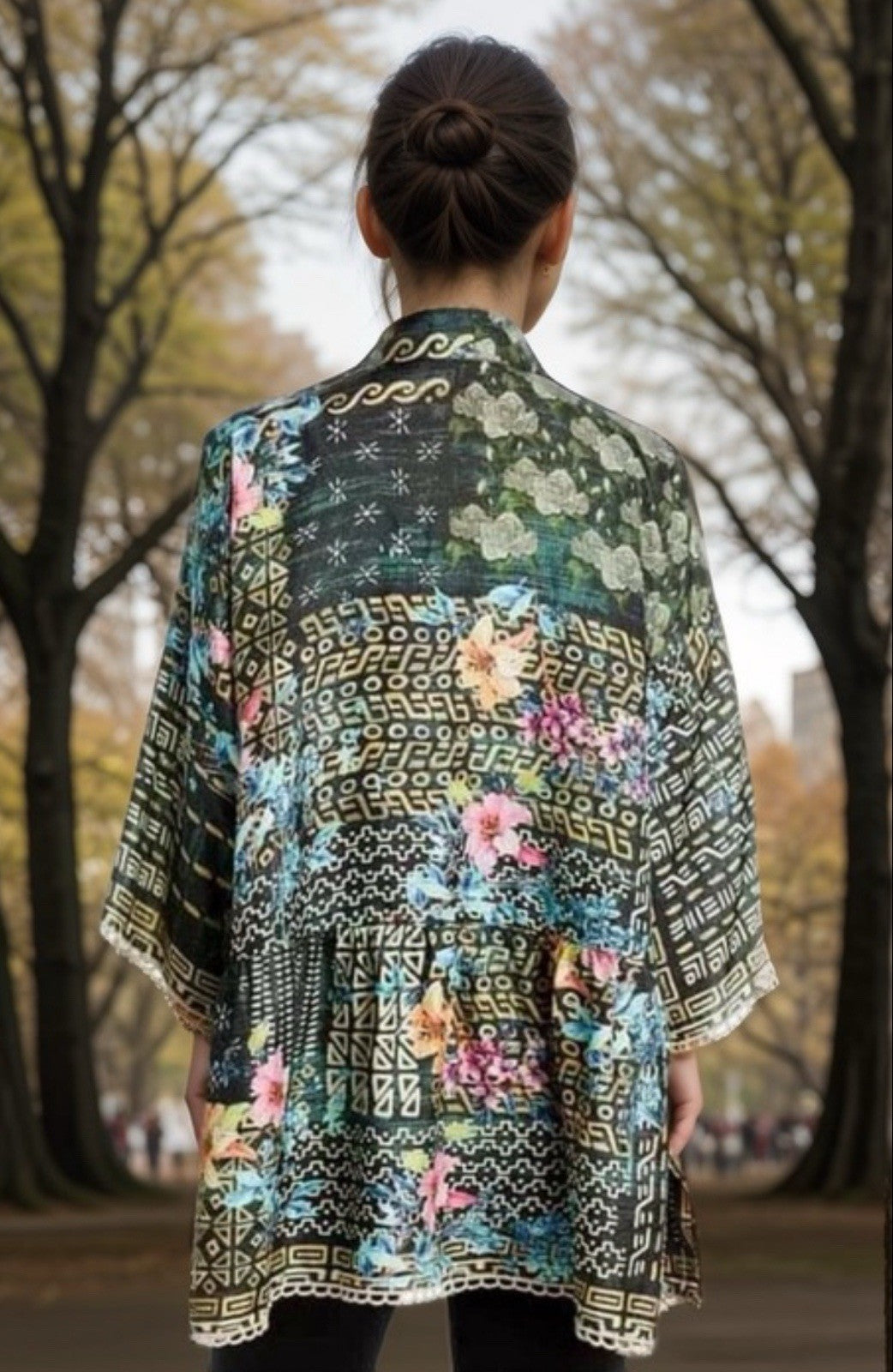 Johnny Was 100% Silk Kimono Sz M Tunic Top Black Floral Wrap Johnny Was