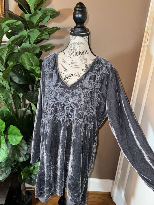 Johnny Was Grey Velvet Tonal Embroidered Mini Dress Or Tunic Top L Large