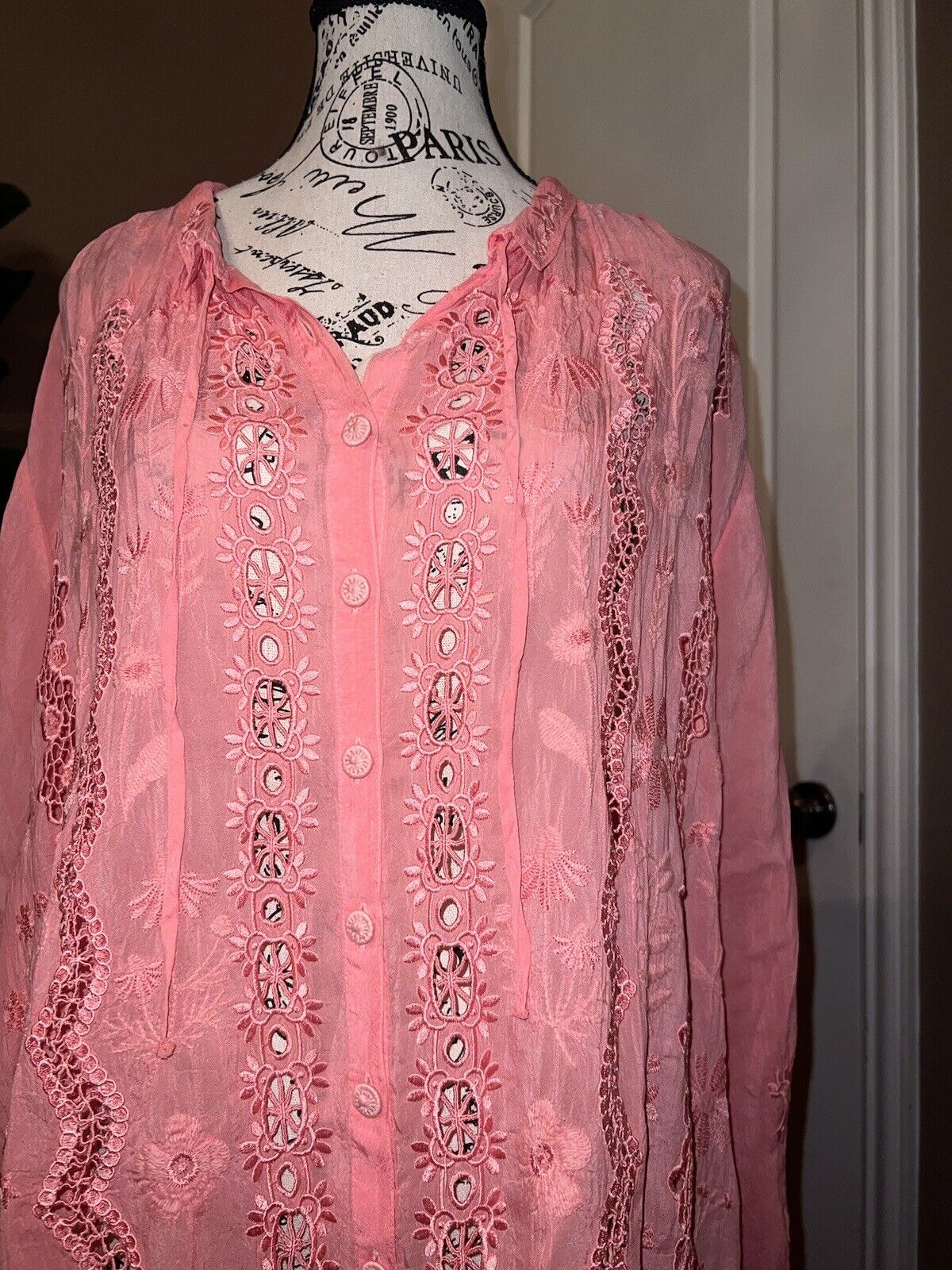 Johnny Was XL Coral Pink Long Sleeve Button Up Tunic Top Eyelet Embroidery