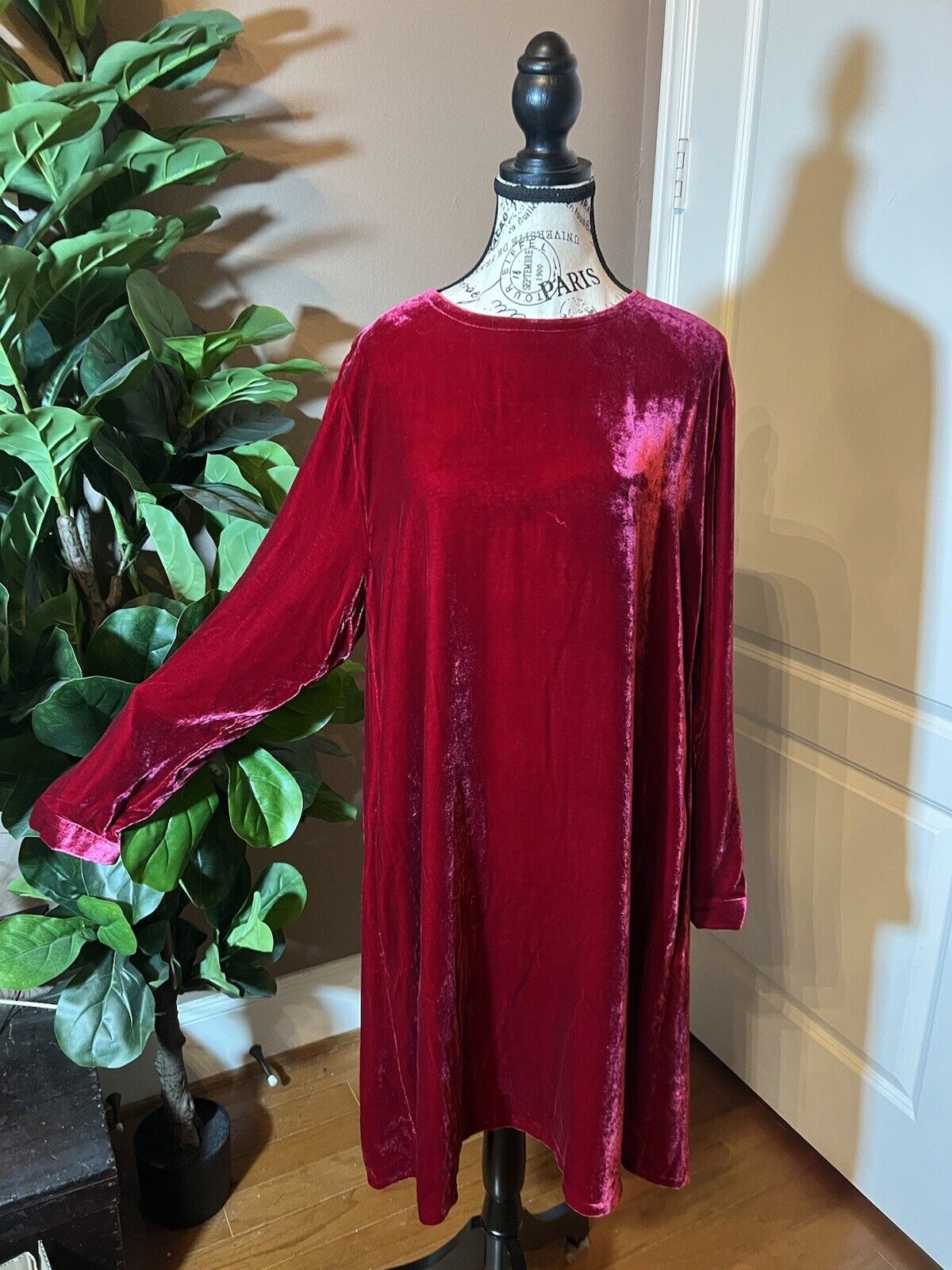 Eileen Fisher Red Velvet MIDI Dress Beautifully Soft L Large  MSRP $398