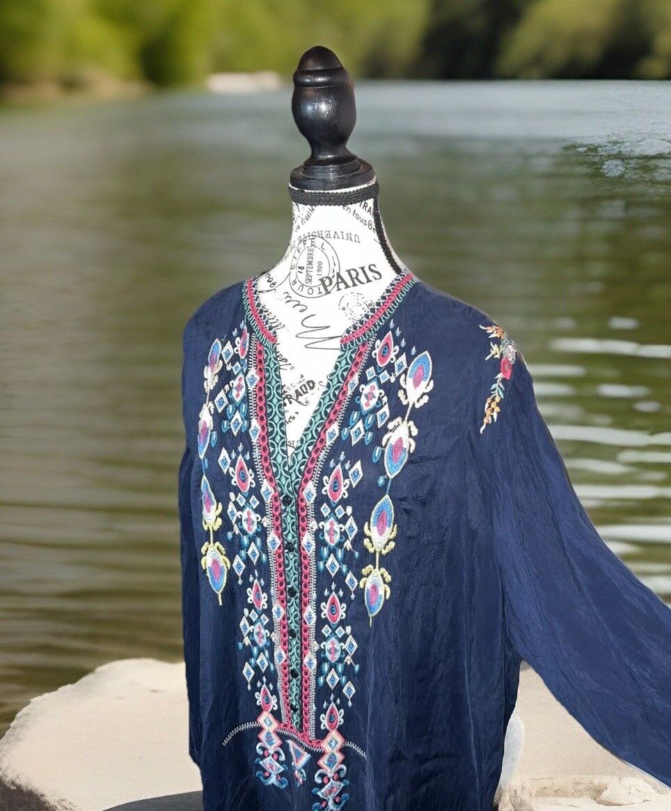 Johnny Was 3X 3XL Heavily Embroidered Navy Tunic Top Mini Dress Kimono Sleve