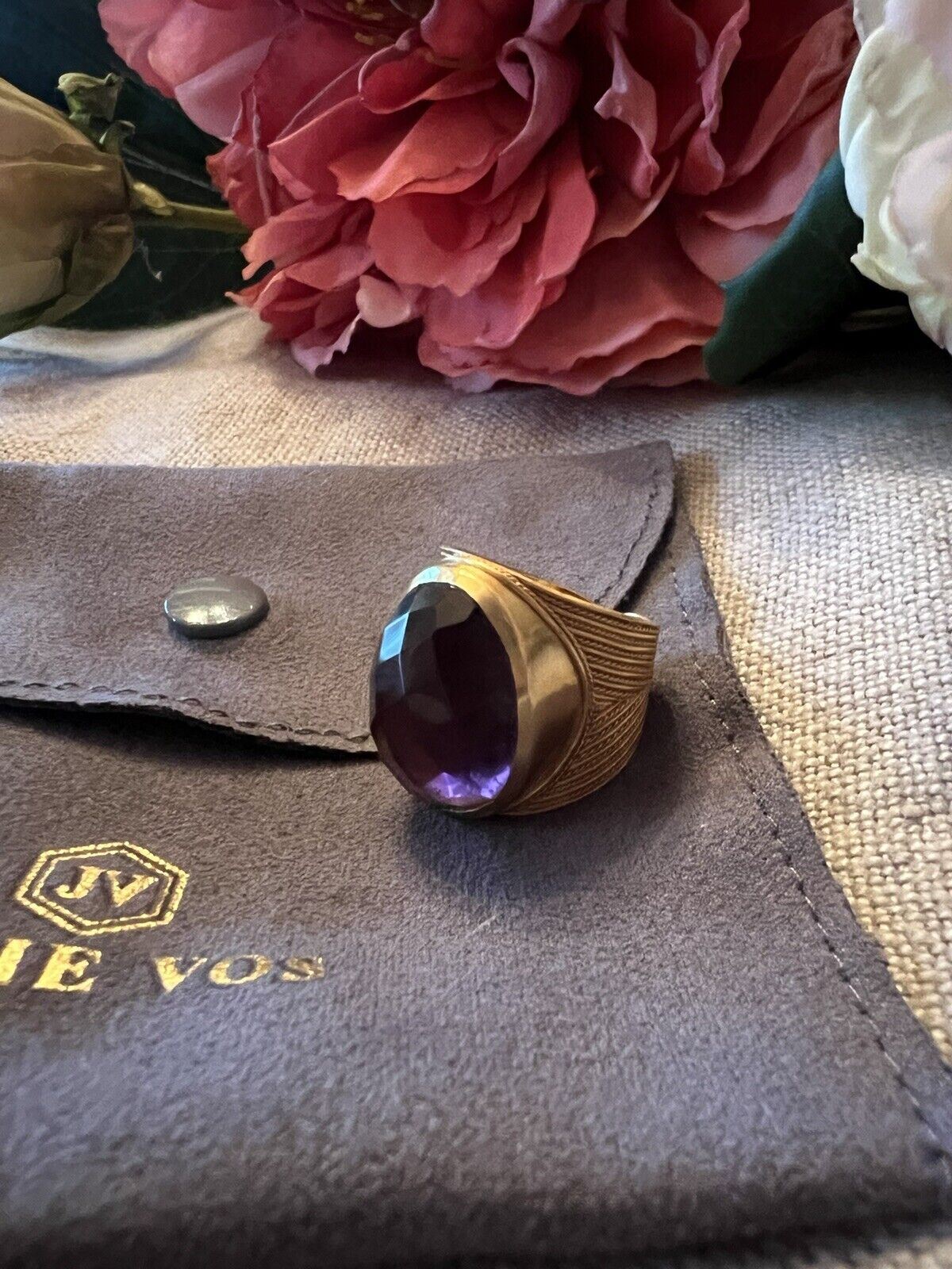 Julie Vos Verona Statement Ring Plum Purple Sz 8 Adjustable 24k Plated