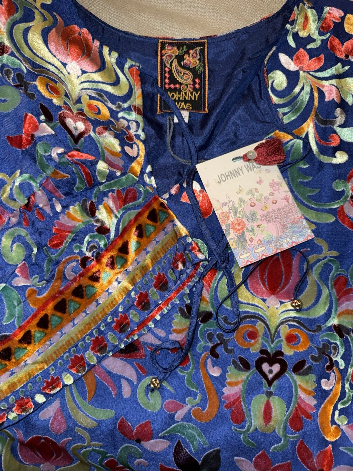 Johnny Was XXL Burnout Velvet Blue & Red Mini Shift Dress Silk Lining $388 Johnny Was