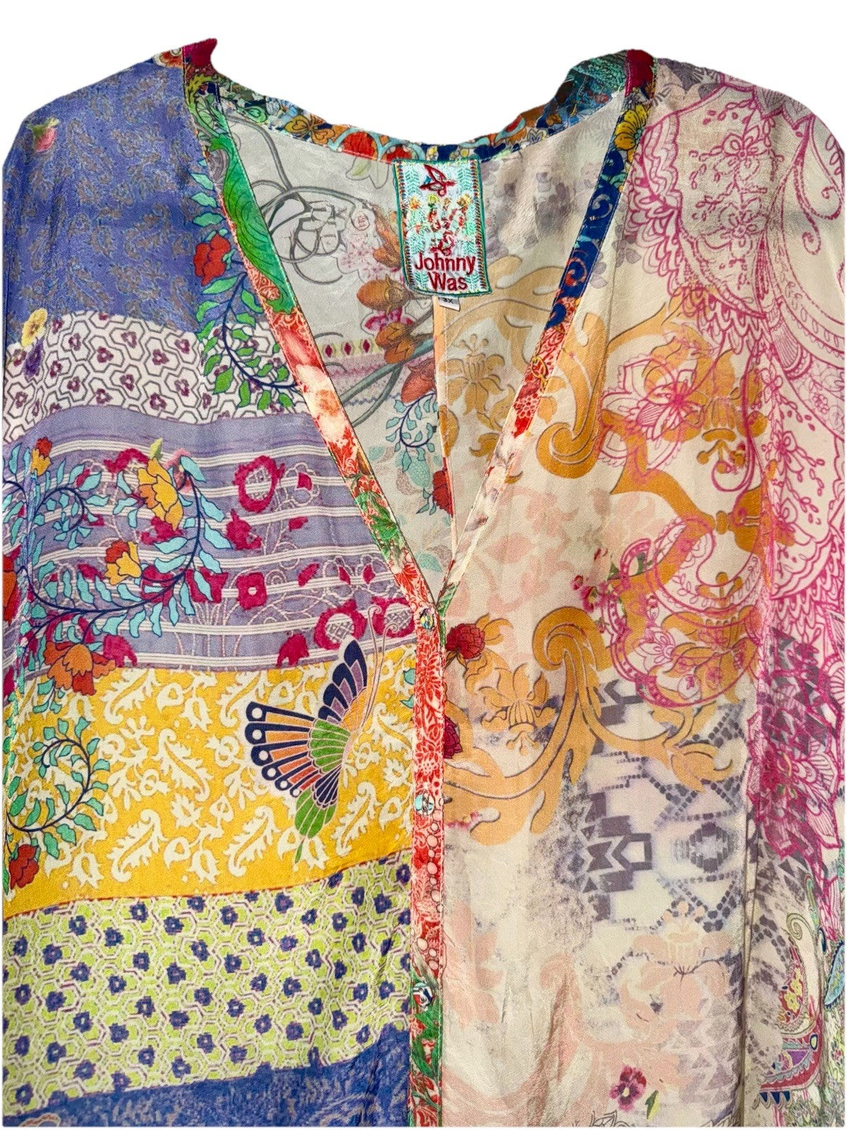 Johnny Was 3X Plus Button Up Shirt Dress Silky Tunic Kimono Patchwork Pattern Johnny Was