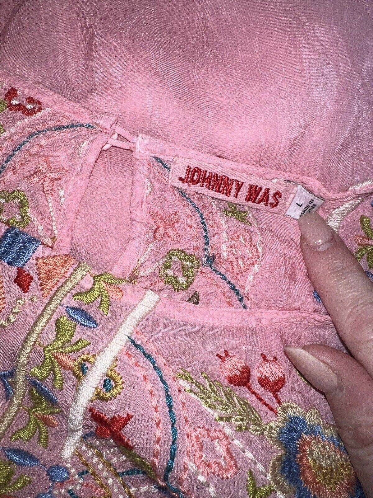 Johnny Was Silky Pink Sz L Large Tunic Top Embroidered Kimono Sleeves