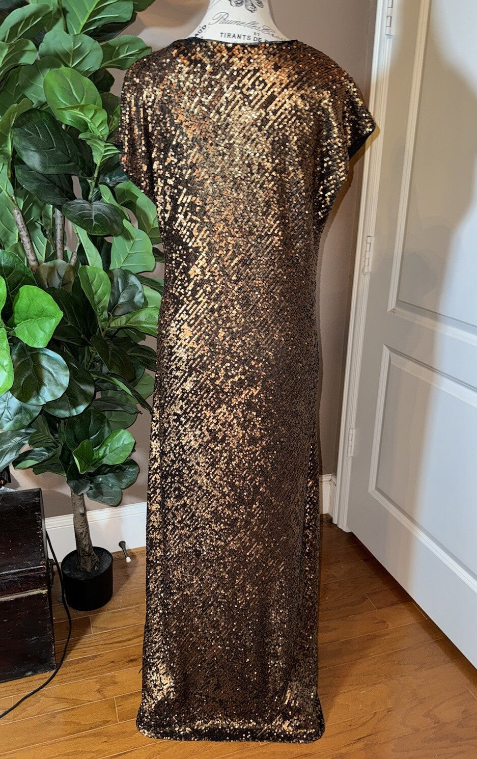 Johnny Was Gold XL Sequin Maxi Dress Long Flowy Mesh Slip Sequins Party Johnny Was