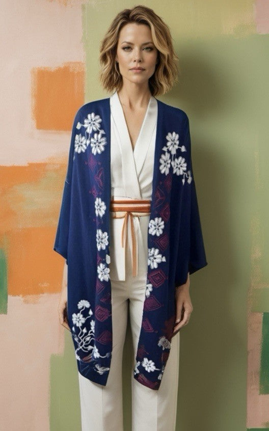 Johnny Was Navy Blue & Red French Terry 3X Kimono Wrap Poncho Coat Jacket Johnny Was