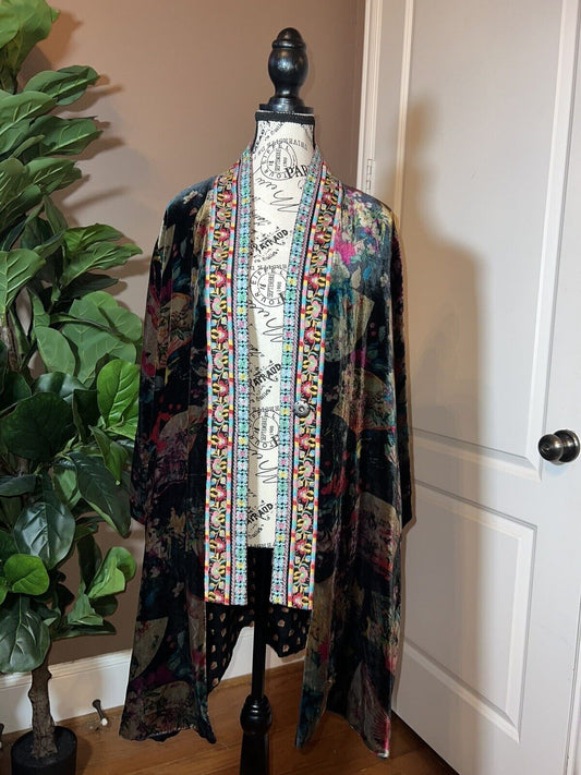 Johnny Was Velvet & Silk Kimono Wrap Sz L Large Jewel Tone Floral REVERSIBLE