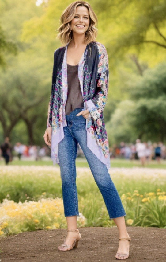 Johnny Was L 100% Silk Kimono Cool Cardigan Lightweight Jacket Lavender & Black Johnny Was