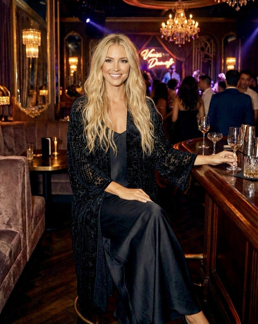 Johnny Was XL Black Burnout Velvet Long Kimono Duster Wrap Jacket Johnny Was