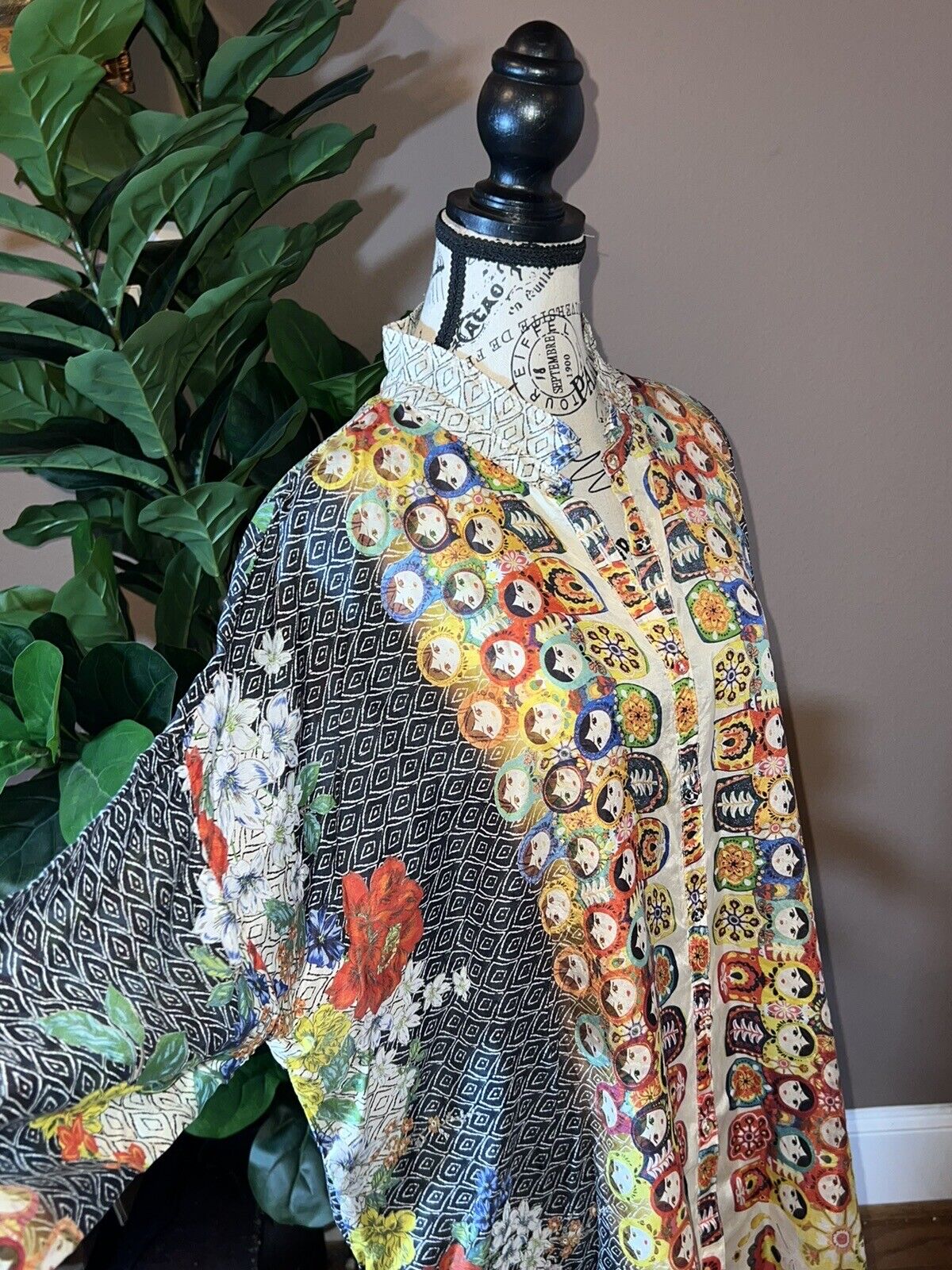 Johnny Was Nesting Dolls 100% Silk Blouse Top Tunic L  Large OVERSIZED