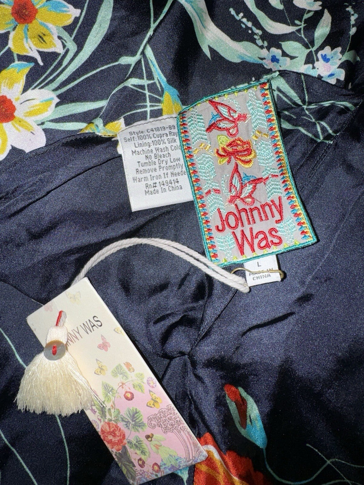 Johnny Was L 100% Silk Kimono Duster REVERSIBLE Embroidered Cardigan Wrap Johnny Was