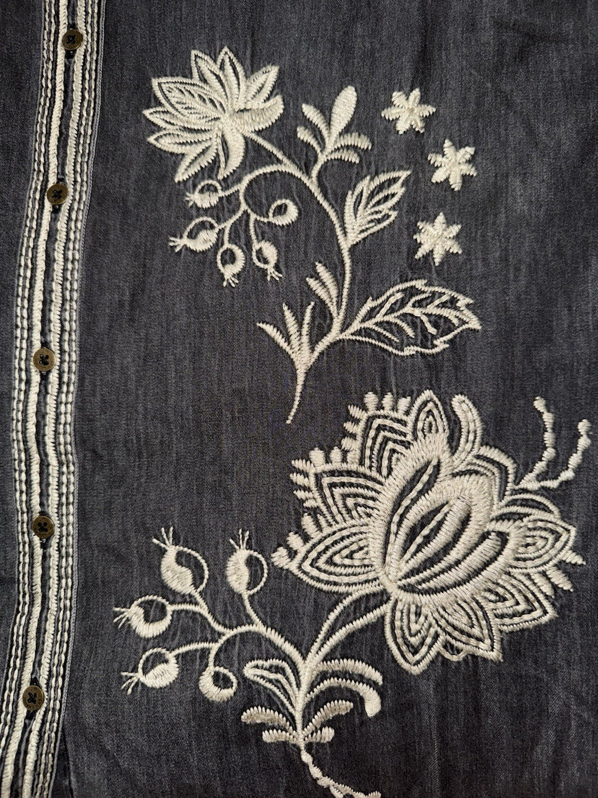 Johnny Was L Denim Chore Jacket Shacket Coat Black Grey Wash Embroidered Johnny Was