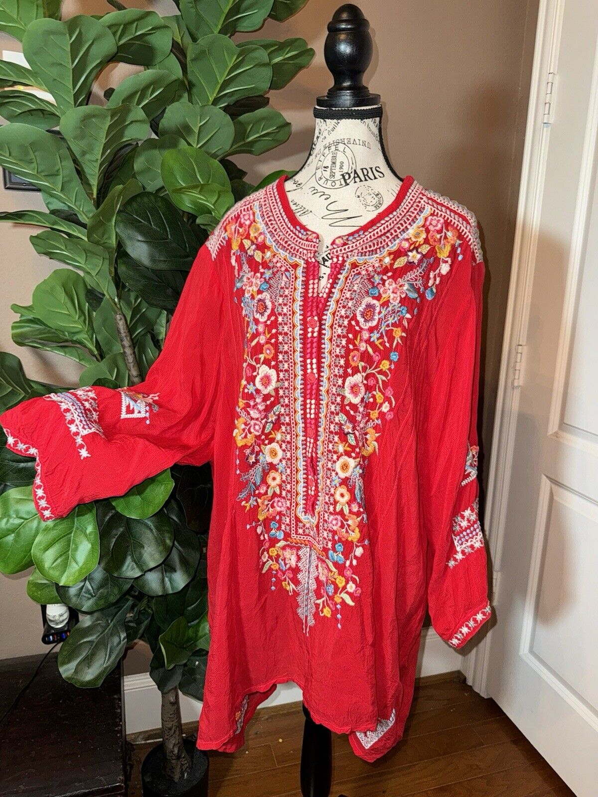 Johnny Was 3x 3XL Tunic Top Red Silky Handkerchief Hem Peasant Blouse