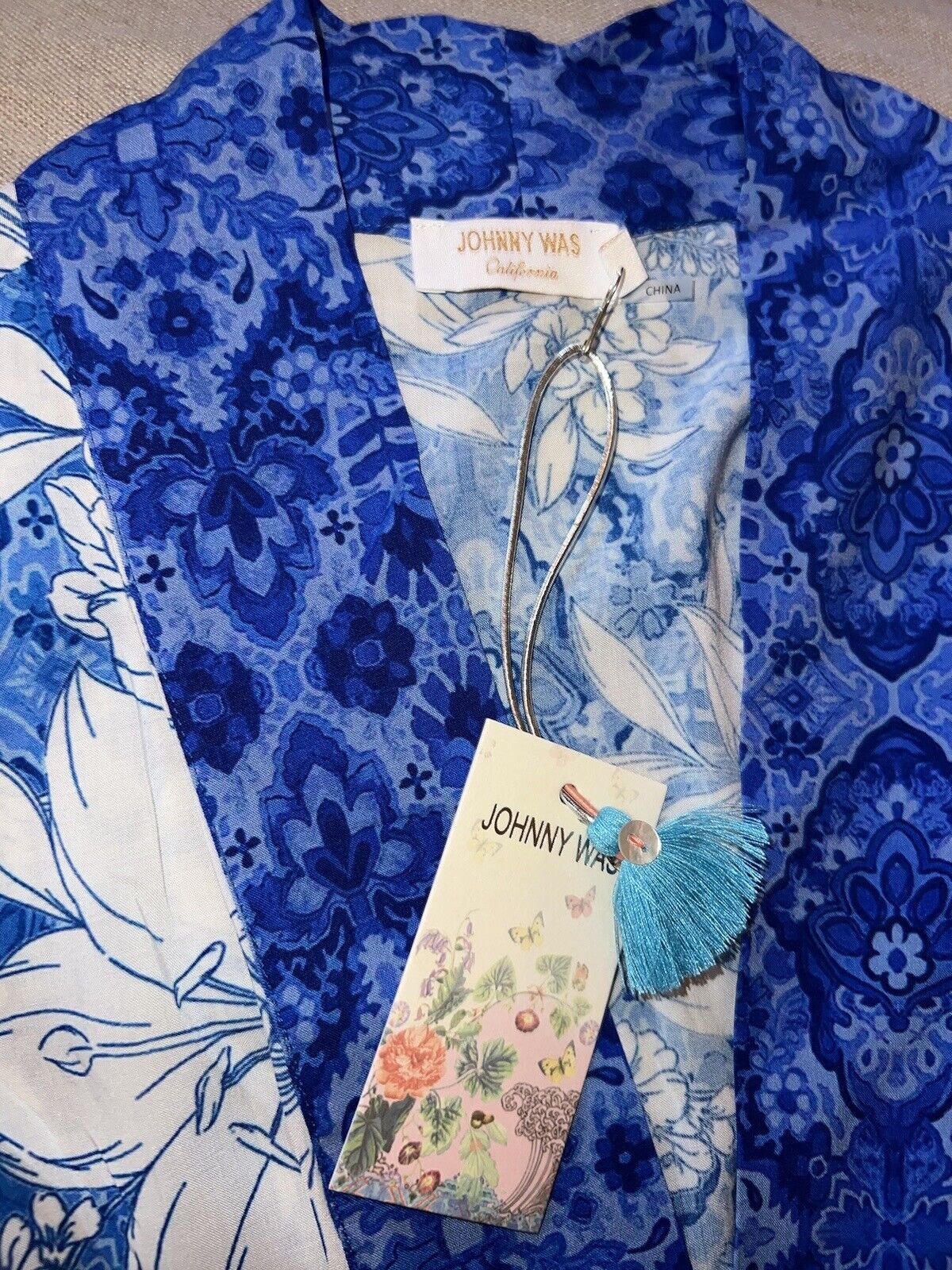 Johnny Was Sz XXL 2X Long Silky Duster Kimono BLUE & White Full Length