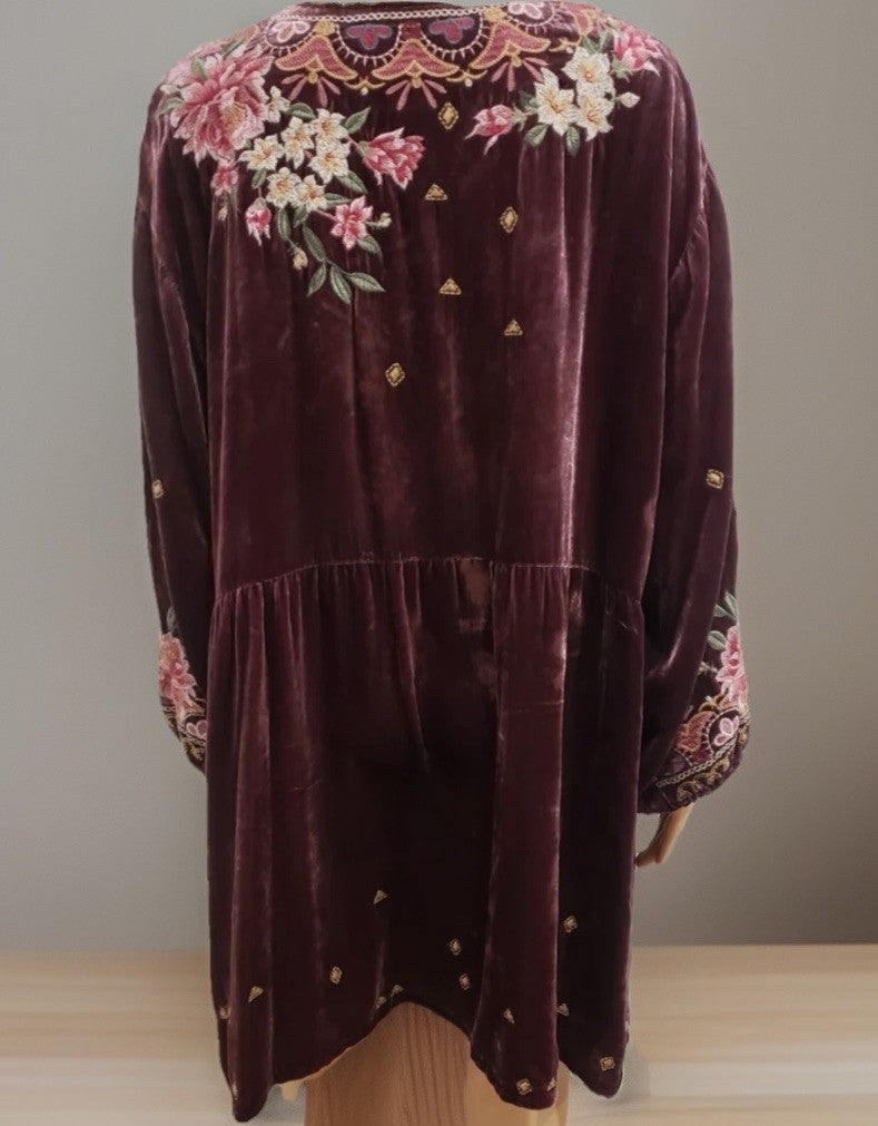 Johnny Was 1X Plus Burgundy Velvet Mini Shift Dress Peasant Tunic Embroidery Johnny Was
