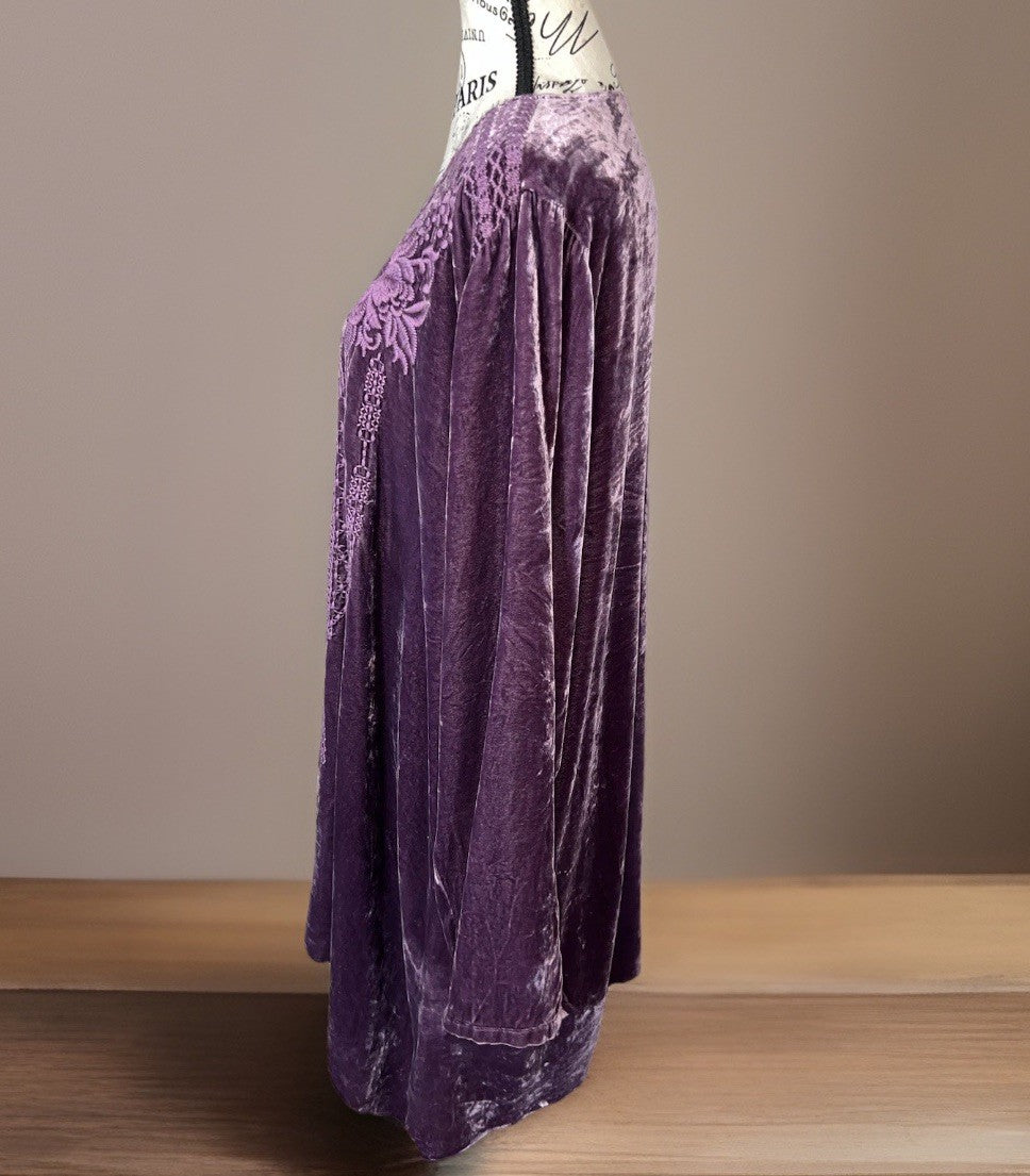 Johnny Was XL Purple Plum Velvet Tunic Top BOHO Mini Dress Tonal Embroidery Johnny Was