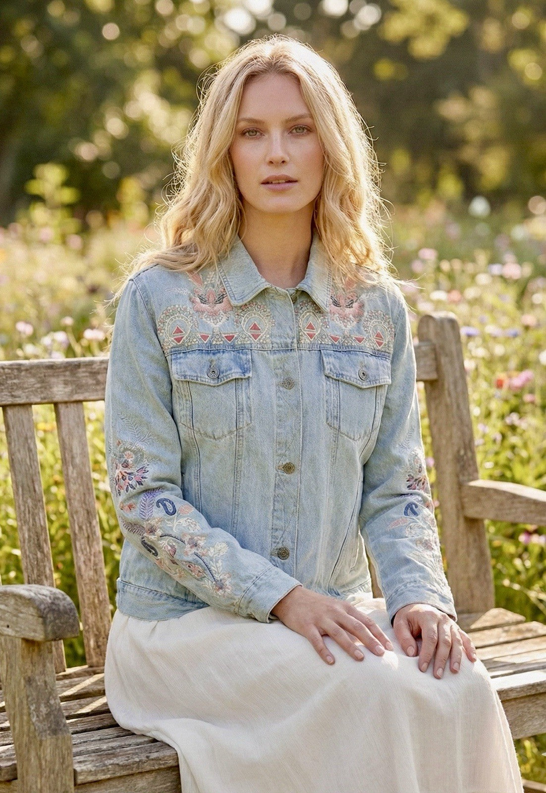 Johnny Was XL Denim Jacket Worker Coat Embroidered Phoenix Bird Light Wash Johnny Was