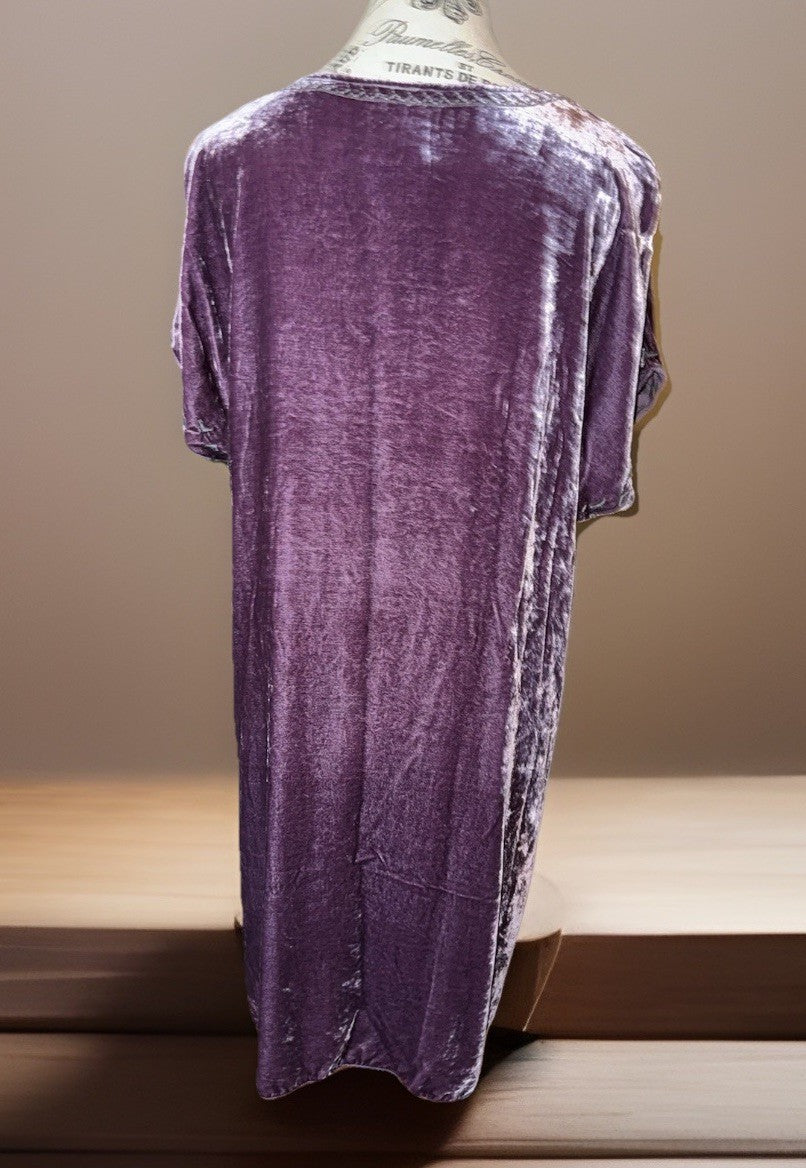 Johnny Was L Large Purple Velvet Embroidered Shift Mini Dress Short Sleeve BOHO Johnny Was