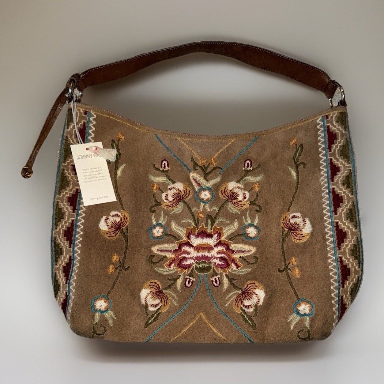 Johnny Was Brown Suede & Leather Bag Purse Tote Hobo Embroidered   *READ* Johnny Was