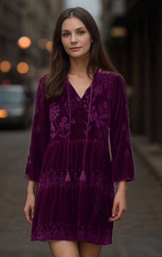 JOHNNY WAS XXL VELVET Eggplant Purple Tiered Dress Peasant Top Tassels