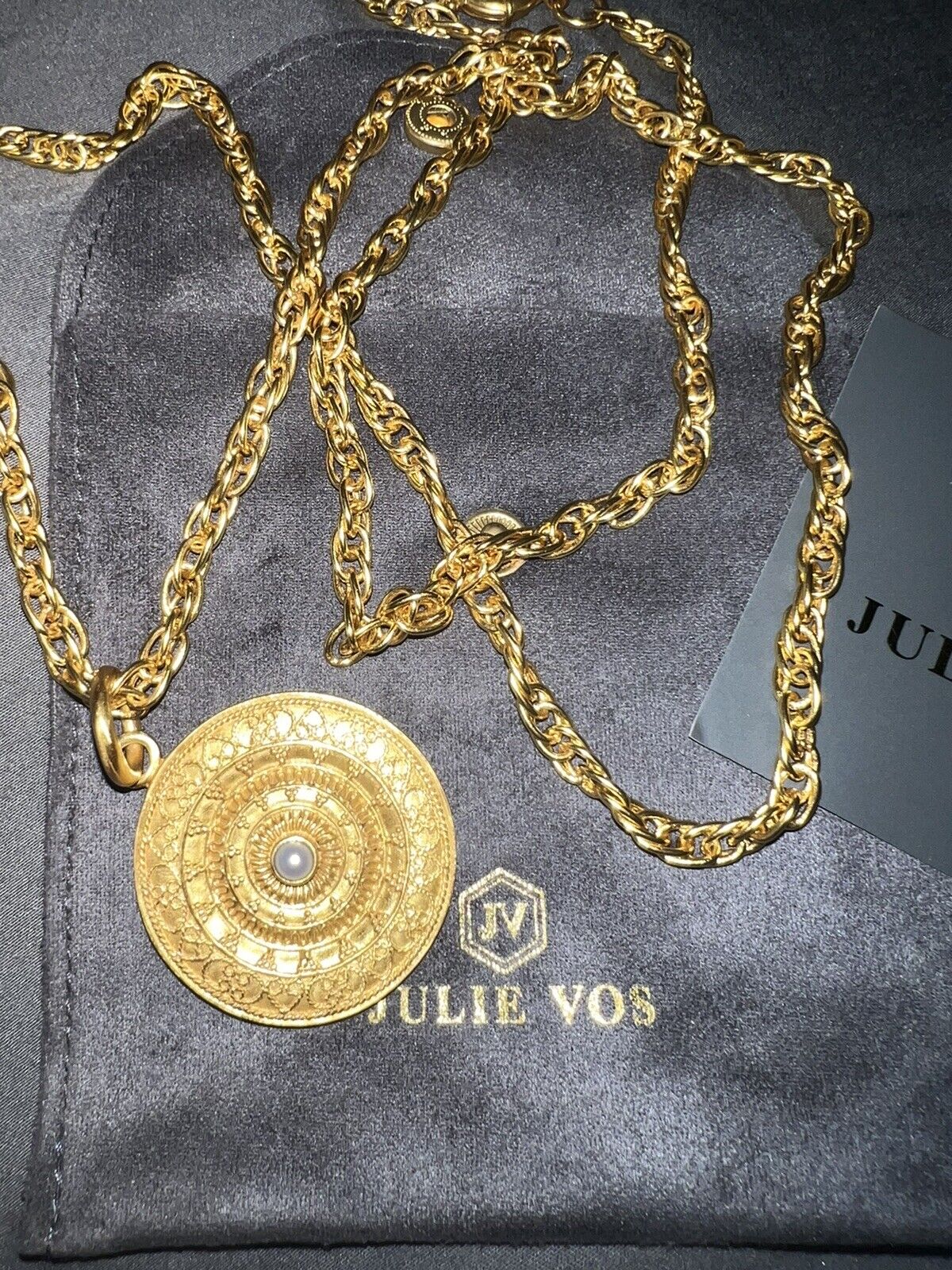 NEW Julie Vos Medallion Pendant Necklace REVERSIBLE 24k Plated Chain Pearl  NWOT