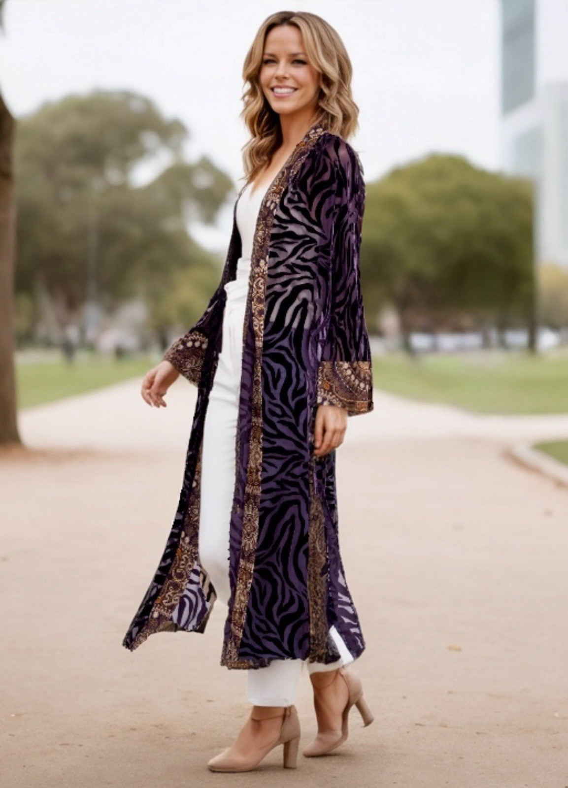 Johnny Was XL Burnout Velvet Long Kimono Duster Wrap Deep Eggplant Zebra & Gold Johnny Was