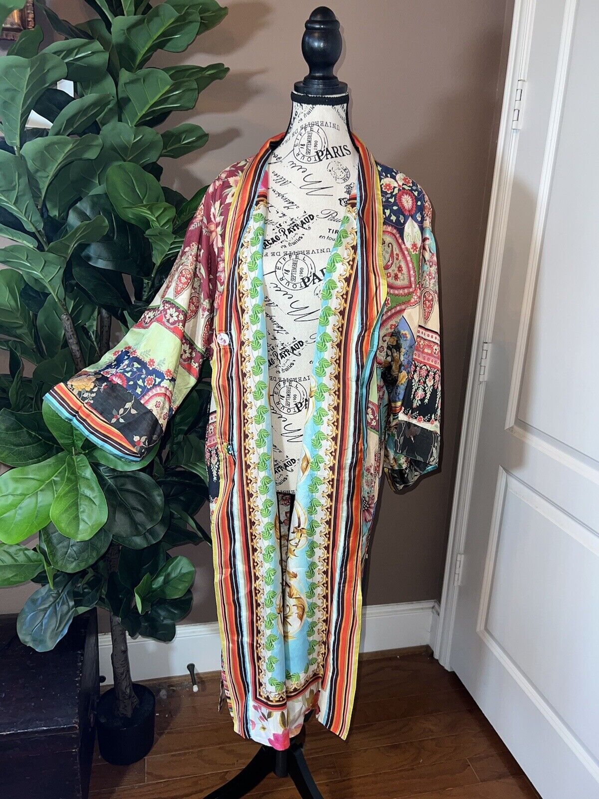 Johnny Was 100% Silk Long Kimono Wrap PL Petite Large REVERSIBLE Duster