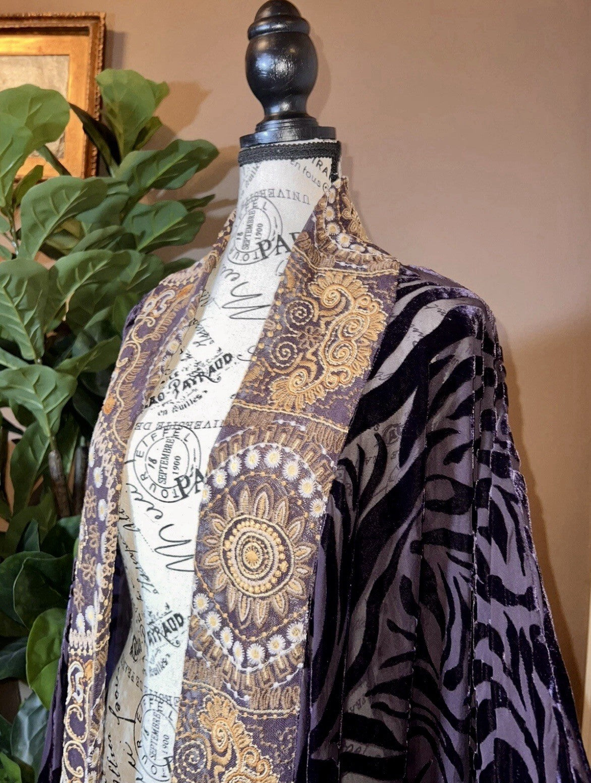 Johnny Was XL Burnout Velvet Long Kimono Duster Wrap Deep Eggplant Zebra & Gold Johnny Was