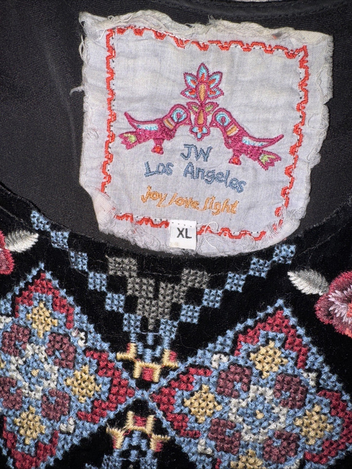 Johnny Was XL Black Velvet Tunic Top Heavily Embroidered Blouse Shift Bohemian Johnny Was